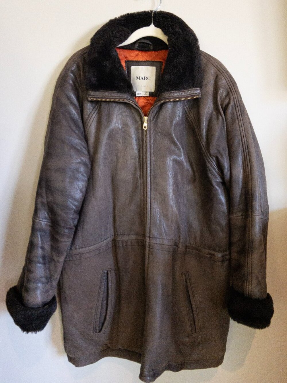 Vintage Brown Leather Coat | Marc New York | Faux Fur Trim | Size M